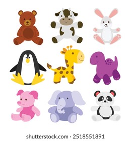 Set of cute animal cuddly toys collection with teddy bear, cow, rabbit, bunny, giraffe, dinosaurs, pig, elephant, panda, animal toy for kid, children. Vector illustration.