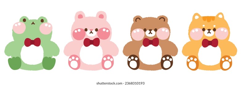 Set of cute animal doll cartoon on white background.Toy baby Collection.Reptile.Pet.Rodent.Wild.Frog,rabbit,bear,cat hand drawn.Kawaii.Vector.Illustration.