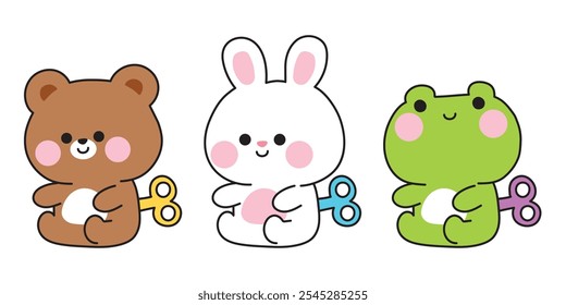 Conjunto de muñecas de animales lindos se sientan en el fondo blanco. Toy.Wild, roedor, animales reptiles dibujados a mano. Oso de peluche, conejo, rana. Personaje de dibujos animados. Imagen para ropa de bebé, pegatina, decoración. Kawaii. Vector.