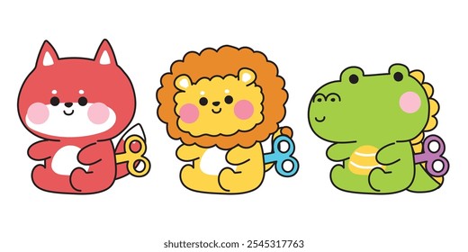 Set of cute animal dolls sit on white background.Toy.Fox,lion,crocodile hand drawn.Cartoon animals character.Image for baby clothing,sticker,decoration.Kawaii.Vector.Illustration.