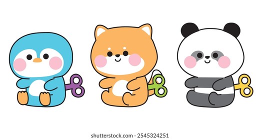 Set of cute animal dolls sit on white background.Wind up toy.Penguin,shiba inu dog,panda bear hand drawn.Cartoon animals character.Image for baby clothing,sticker,decoration.Kawaii.Vector.Illustration