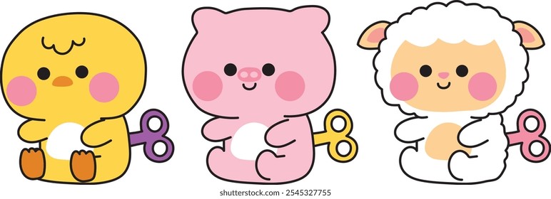 Conjunto de muñecas de animales lindos se sientan en el fondo blanco. Enrolle el juguete. Pollo, cerdo, oveja dibujado a mano. Personaje de animales de dibujos animados. Imagen para ropa de bebé, pegatina, decoración. Kawaii. Vector. Ilustración