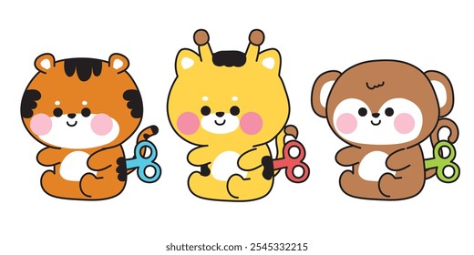 Set of cute animal dolls sit on white background.Wind up toy.Tiger,giraffe,monkey hand drawn.Cartoon animals character.Image for baby clothing,sticker,decoration.Kawaii.Vector.Illustration