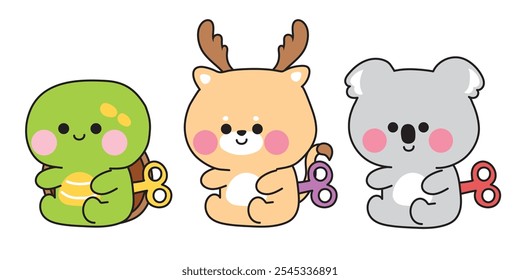 Conjunto de bonecas animais bonitos sentar-se em fundo branco.Vento acima brinquedo.Turtle,veado,coala urso mão desenhada.Cartoon animais character.Image para roupas de bebê,adesivo,decoração.Kawaii.Vetor.Ilustração