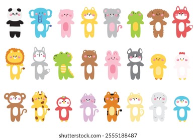 Set of cute animal doodle long shape body stand on white background.Animal character cartoon design.Hand drawn.Kid graphic.Kawaii.Vector.Illustration.