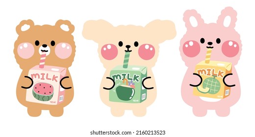 Set of cute animal drink cartoon.Bear,dog,rabbit hand drawn.Watermelon,coconut,melon flavor.Pastel.Kawaii.Vector.Illustration.