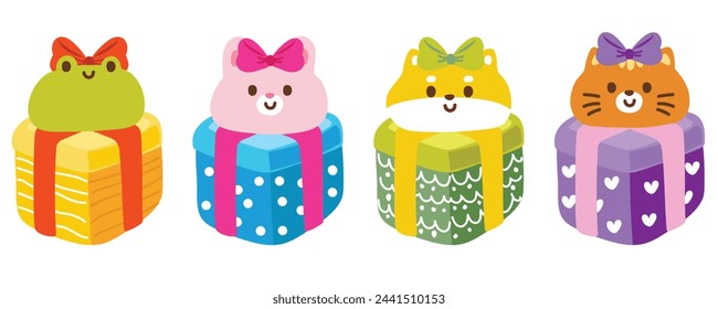 Set of cute animal face with bow on gift box.Celebrate party.Present.Happy birthday.Animal character cartoon.Frog,shiba inu dog,rabbit,cat hand drawn.Kawaii.Vector.Illustration.