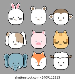 set of cute  animal face, doodle hand drawn for do student worksheets, celebrating document and other. vector, illustration design.