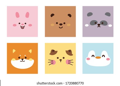 Set of cute animal face hand drawn.Cartoon doodle collection.Rabbit,bear,panda,shiba inu dog,cat,penguin.Kawaii.Colorful.Image for card,poster,baby cloth,sticker.Vector.Illustration.