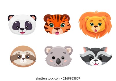 Set of cute animal face heads. Collection of baby characters in cartoon style. Vector illustration for nursery decor, children posters, birthday greeting cards, baby shower, textile printing