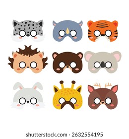 Set Cute Animal Face Mask Flat Design Cartoon Icon Illustration