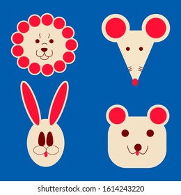 Set cute animal face mouse,lion, bear,rabbit.Nordic stlil,doodle,artline.Vector illustration,flat cartoon character on isolated background.For print,sticker,poster, banner,baby textile,postcard