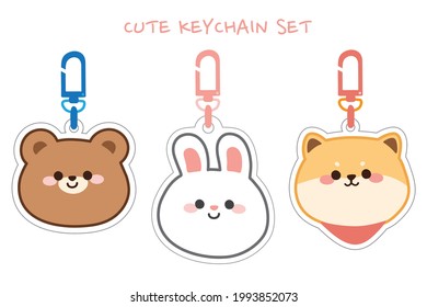 Set of cute animal face shape keychain on white background.Cartoon character design collection.Kid graphic.Art.Bear,rabbit,shiba inu dog.Kawaii.Vector.Illustration.Illustrator.