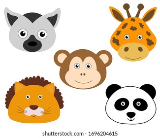 
Set Cute Animal Face Vector Children Illustration Lemur Monkey Lion Panda Giraffe