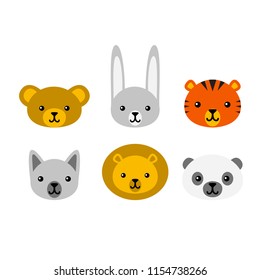 a set of cute animal faces of a bear, panda, rabbit, tiger, wolf, lion, panda; vector icon,  graphic symbol isolated on white. For baby card, baby shower or invitation