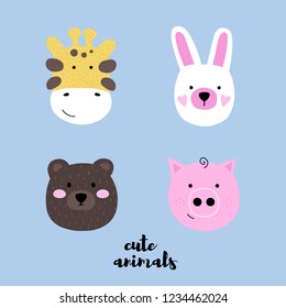 Set of cute animal faces. Collection of rabbit, giraffe, bear, pig. Creative cartoon print for baby card, invitation, nursery, apparel and textile. Vector Illustration in modern style.
