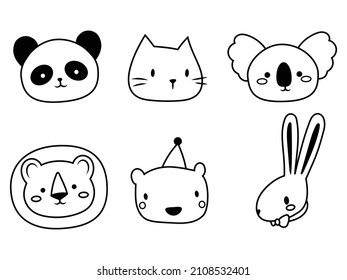 Set of cute animal faces. Collection of animal portraits cartoon style panda, lion, hare, koala, cat, etc. Vector illustration white background. Design of kids clothing. Tattoo.