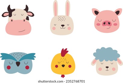 A set of cute animal faces. Colorful animal portraits for cards, posters and other designs