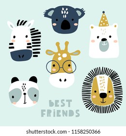 Set of cute animal faces. Creative animal print zebra, koala,bear,giraffe, panda, for nursery,apparel,cards. Vector Illustration