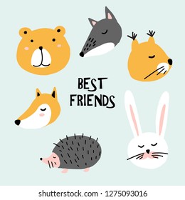 Set of cute animal faces. Creative animal print bear, wolf, fox, hedgehog, squirrel, rabbit for nursery,apparel,cards. Vector Illustration