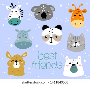 Set of cute animal faces. Creative animalistic print giraffe, zebra, koala, hippo, panda, bear, cat, baby lama, greeting cards. Vector isolates of animal faces on a white background.