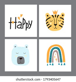 Set of cute animal faces. Creative animal print bear, tiger and rainbow, lettering happy. Vector Illustration for scandinavian design card, print on clothes