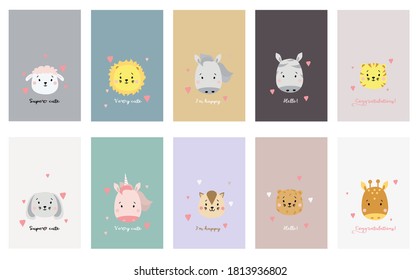 Set of cute animal faces. Creative animal print cheetah and lion, tiger and sheep, horse and unicorn, hare and cat, giraffe and zebra with lettering. Vector. Scandinavian design and print on clothes
