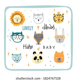 Set of cute animal faces. Creative animal print owl, cheetah and rainbow, lettering dreams. Vector Illustration for scandinavian design card, print on clothes