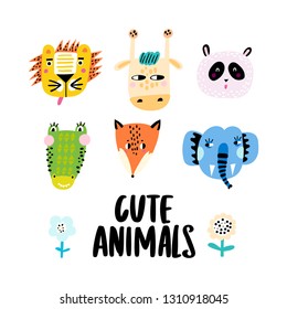 Set of cute animal faces - crocodile, panda, fox, lion, giraffe and elephant. Vector Illustration.