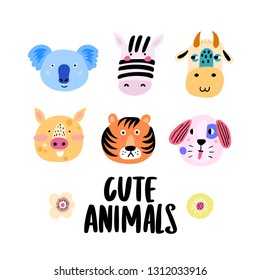 Set of cute animal faces - dog, zebra, pig, koala, tiger and cow. Vector Illustration.