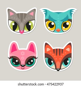 Set of cute animal faces in flat style. Cat, owl, bunny and fox - colorful childish illustrations of animal snouts with extremely big eyes. Stickers for children 