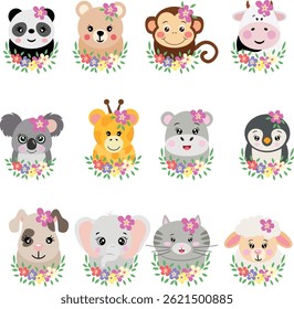 Set of Cute Animal Faces with Floral Decorations
