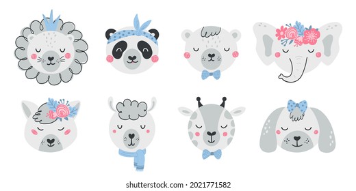 Set of cute animal faces and flowers in flat style. Collection of characters lion, panda, bear, elephant, fox, dog. Illustration animals for kids isolated on white background. Vector