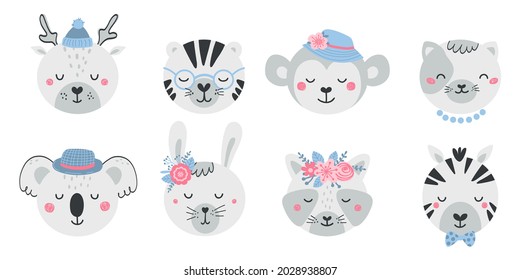 Set of cute animal faces and flowers in flat style. Collection of characters deer, tiger, monkey, cat, koala, hare, raccoon, zebra. Illustration animals for kids isolated on white background. Vector