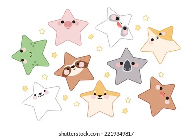 Set of cute animal faces in the form of stars. Kawaii style. White isolated background.