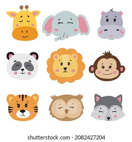 Set of cute animal faces. Hand drawn characters. Vector illustration isolated on white background.