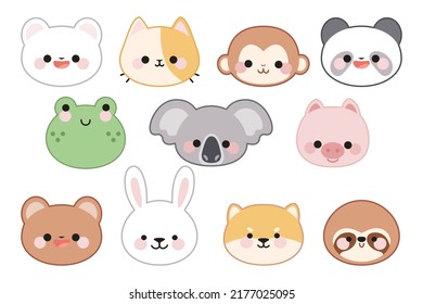 Set of cute animal faces in kawaii style. White isolated background.