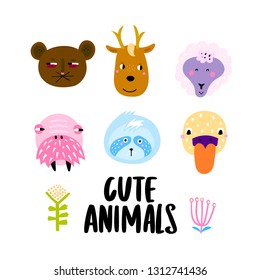 Set of cute animal faces - lemur, swan, walrus, deer, llama and mouse. Vector Illustration.