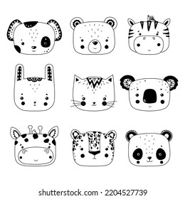 A set of cute animal faces in a line. Vector illustration in the style of flat.