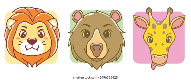 set of cute animal faces lion bear girrafe. Cartoon Vector Icon Illustration mascot animal nature Isolated