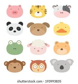 Set of Cute animal faces on white background