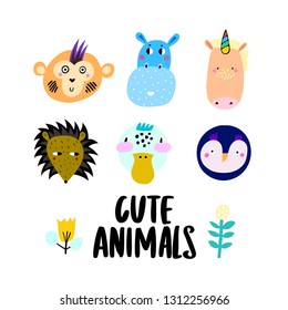 Set of cute animal faces - penguin, monkey, unicorn, porcupine, duck and hedgehog. Vector Illustration.