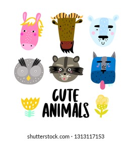 Set of cute animal faces - polar bear, horse, raccoon, dog, owl and wildebeest. Vector Illustration.