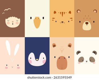 Um conjunto de rostos de animais bonitos. Uma ilustração simples. Vetor.