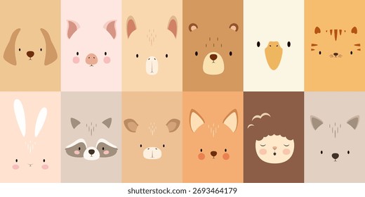 Un conjunto de caras de animales lindos. Una ilustración simple. Vector.