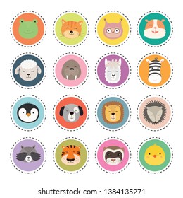 Set cute animal faces stickers. Vector Illustration