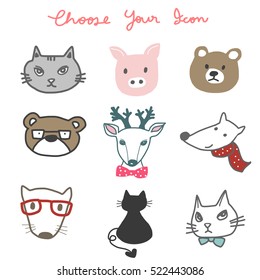 Eine Reihe süßer Tiere Gesichter wie Katze mit Bugsbinde, Hund mit Brille, Hund mit rotem Schal, schwarze Katze, Bär mit Brille, Rentiere mit Bugbine, rosafarbenes Schwein.  Vektorgrafik.