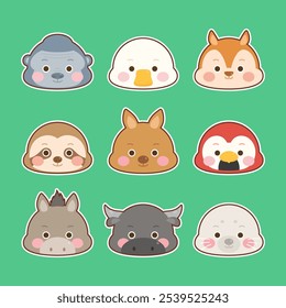 Conjunto de caras de animales lindos simbolos gorila pato ardilla perezoso canguro loro burro búfalo foca, Ilustración vectorial