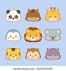 conjunto de rostos de animais bonitos símbolos panda cavalo girafa pinguim leão coala tigre coruja hipopótamo, ilustração vetorial