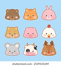 conjunto de bonitos animais faces símbolos urso gato coelho cão porco galinha rato vaca veado, ilustração vetor